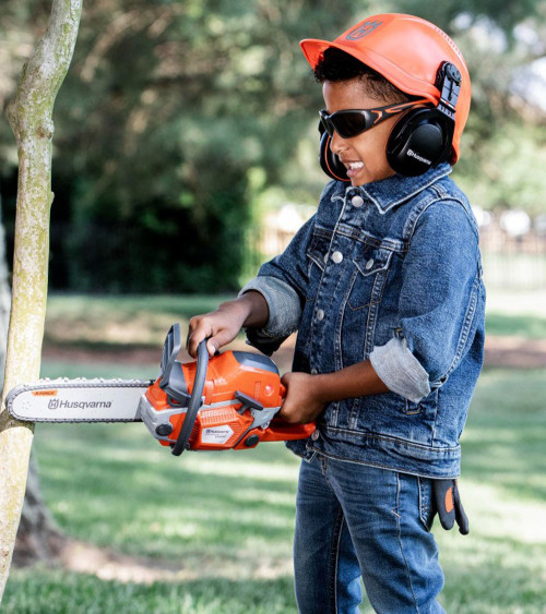 Kit motosierra Husqvarna 550xp de juguete con casco, guante y gafas