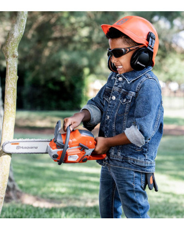 Kit motosierra Husqvarna 550xp de juguete con casco, guante y gafas