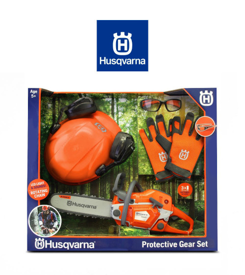 Kit motosierra Husqvarna 550xp de juguete con casco, guante y gafas