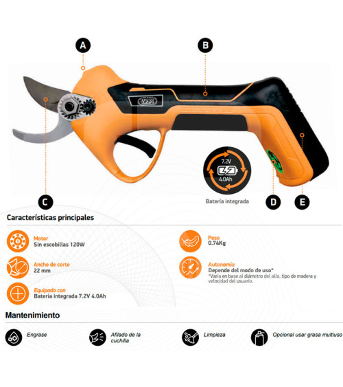 Tijera poda batería 7.2V 4.0Ah Volpi PV220