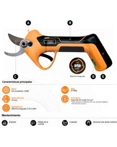 Tijera poda batería 7.2V 4.0Ah Volpi PV220